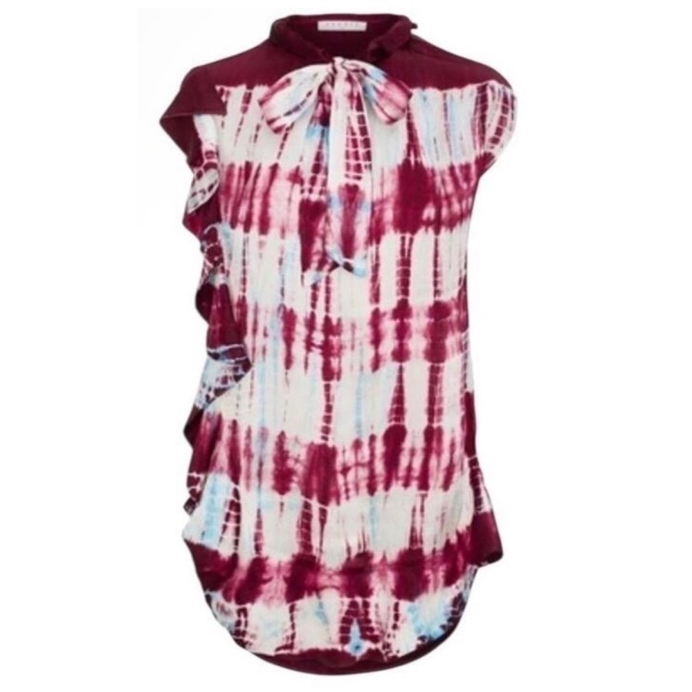 Sandro Silk Tie Dye Ruffle Blouse Womens 3 L Burgundy White Sleeveless Excellent - Picture 2 of 16